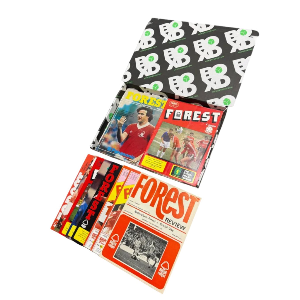 Nottingham Forest Retro Programmes Mystery Gift Box open showing assorted Forest matchday programmes