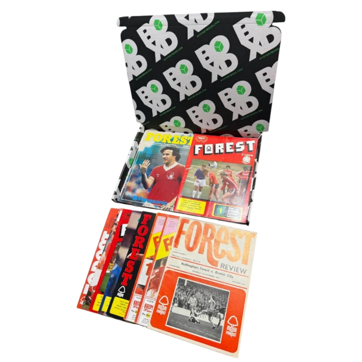 Nottingham Forest Retro Programmes Mystery Gift Box with programme covers displayed