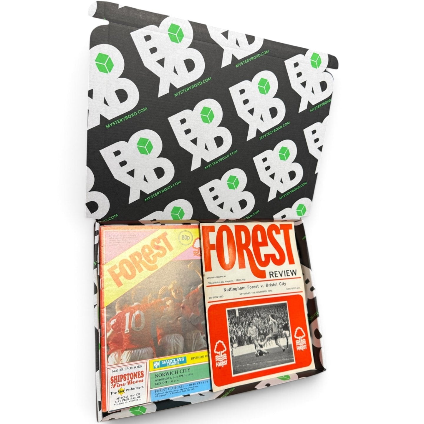 Nottingham Forest Retro Programmes Mystery Gift Box top view with programmes inside