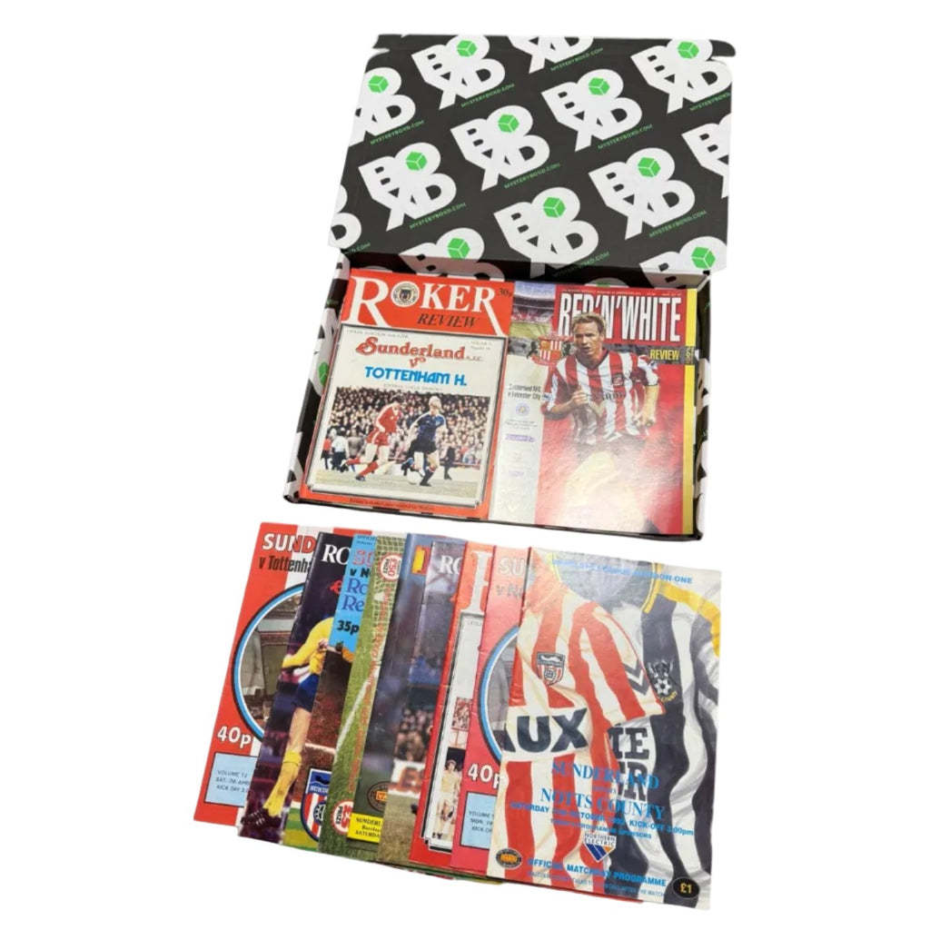 Sunderland Retro Programmes Mystery Gift Box open with assorted programmes