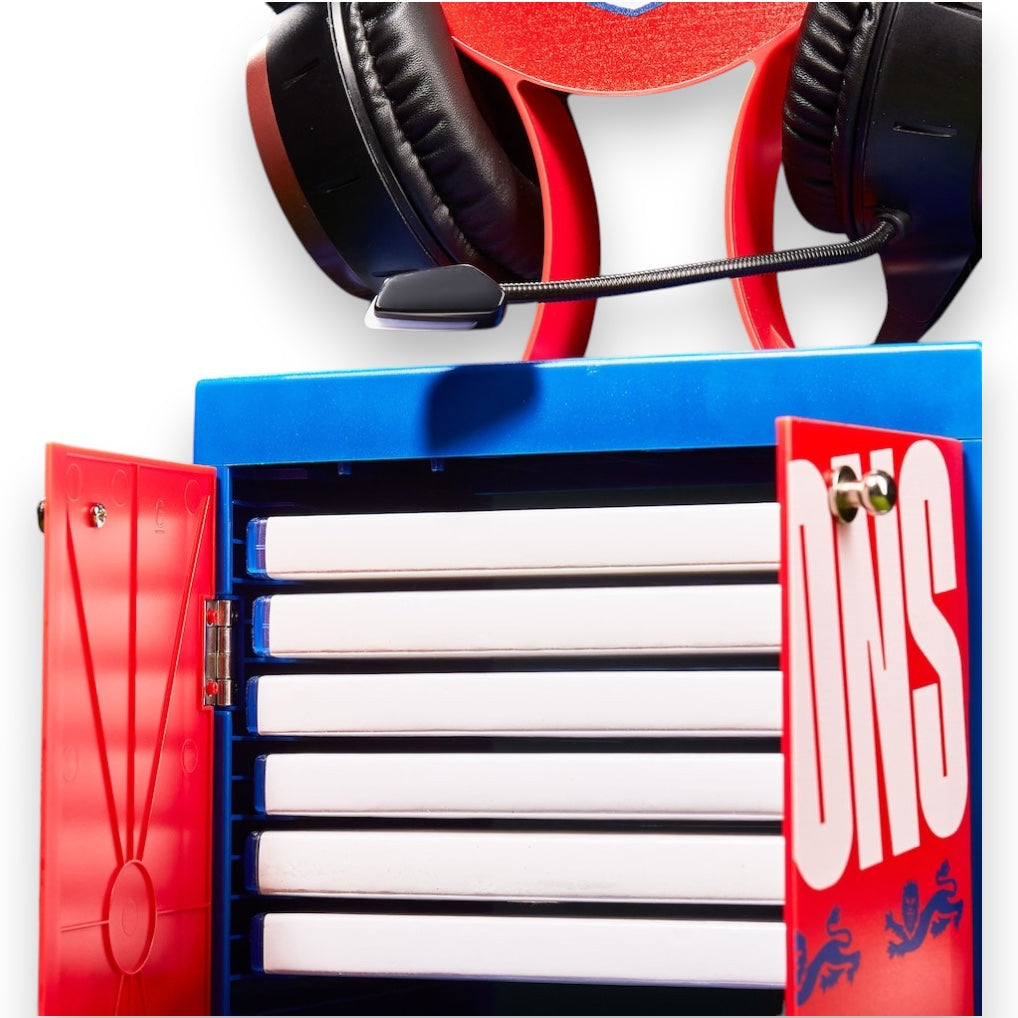 England NUMSKULL Gaming Locker - Blue open with games and headset