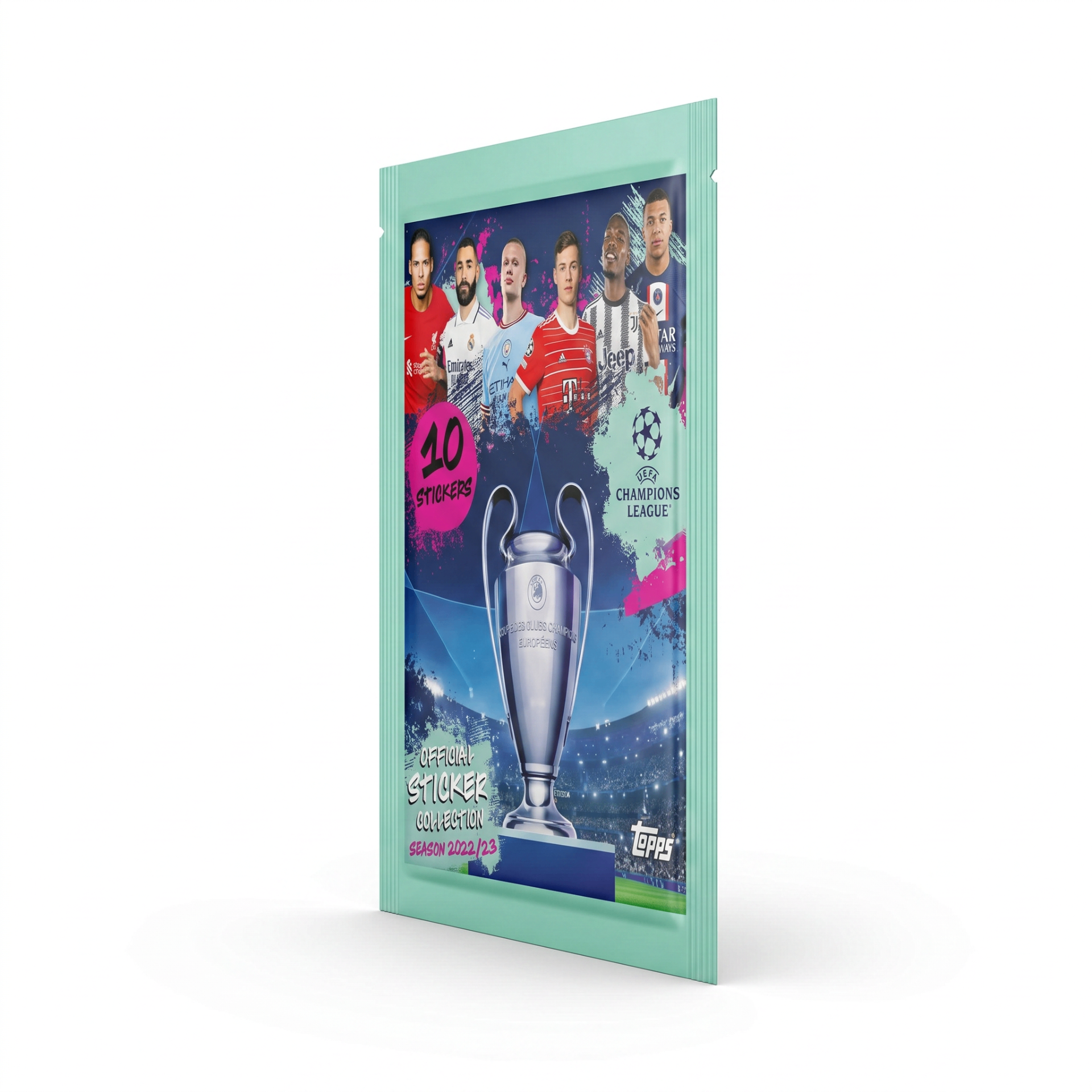 Topps UCL 2022/23 Sticker Packet - angled view