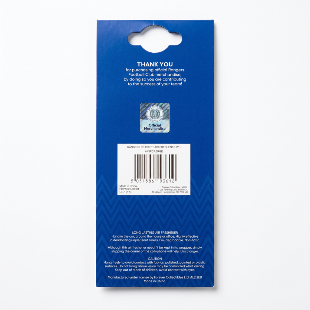Rangers FC air freshener packaging back