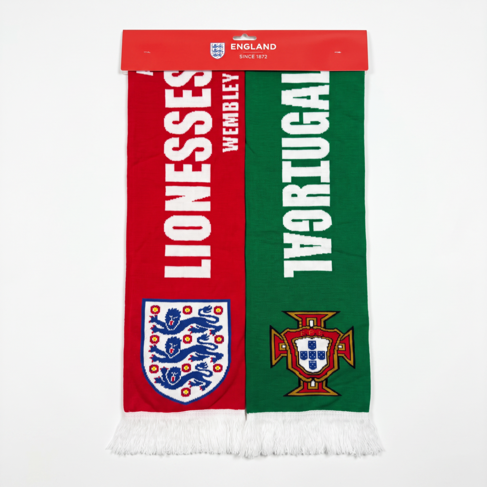 England Lionesses vs Portugal scarf showing crests and Wembley branding