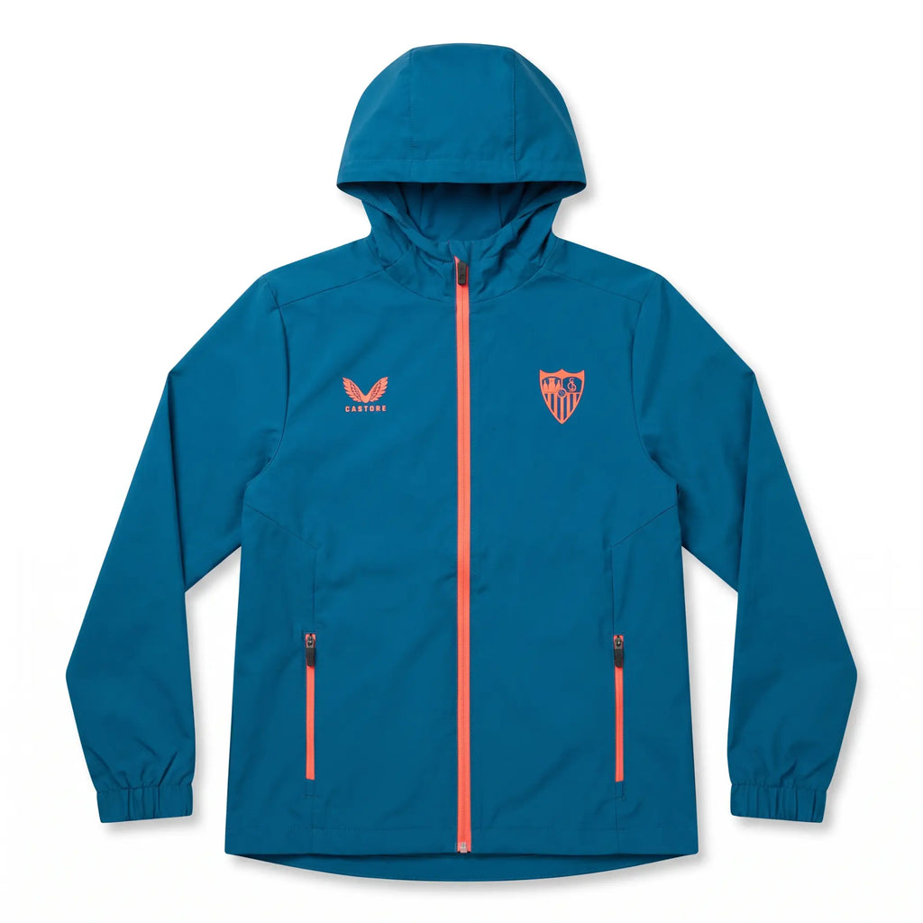 Sevilla ink blue lightweight training jacket front with coral zip and crest