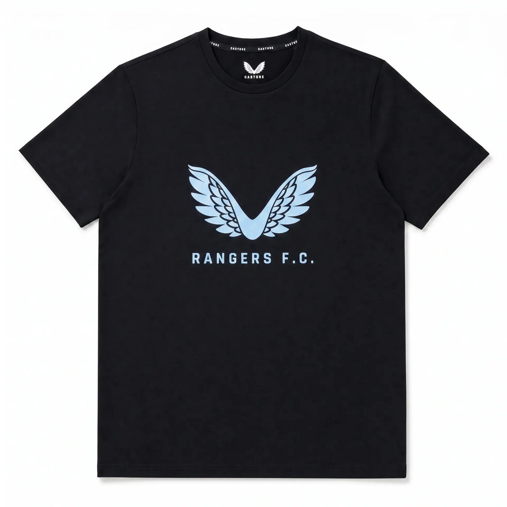 Rangers Travel Logo Black T-Shirt front with light blue Castore wings