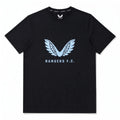 Rangers Travel Logo Black T-Shirt front with light blue Castore wings