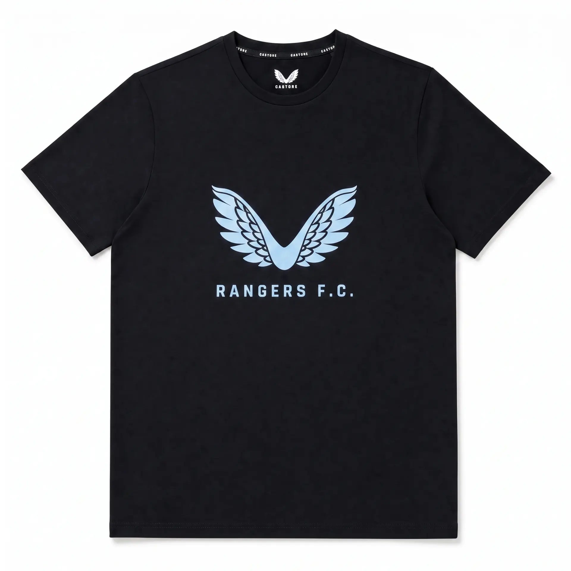 Rangers Travel Logo Black T-Shirt front with light blue Castore wings