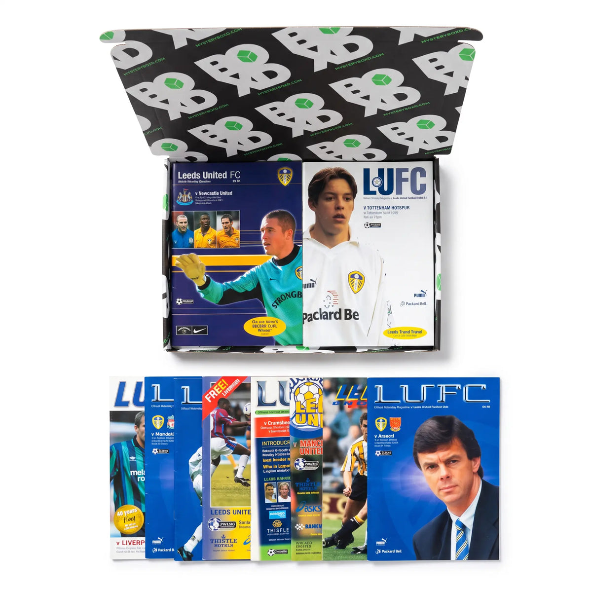Leeds United Retro Programmes Mystery Gift Box (10 Pack) - programmes fanned