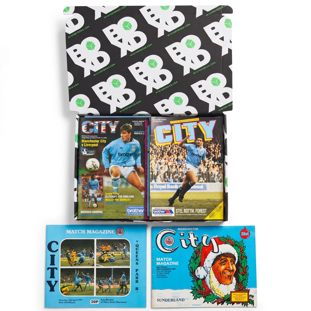 Manchester City Retro Programmes Mystery Gift Box (10 Pack) - box and programmes