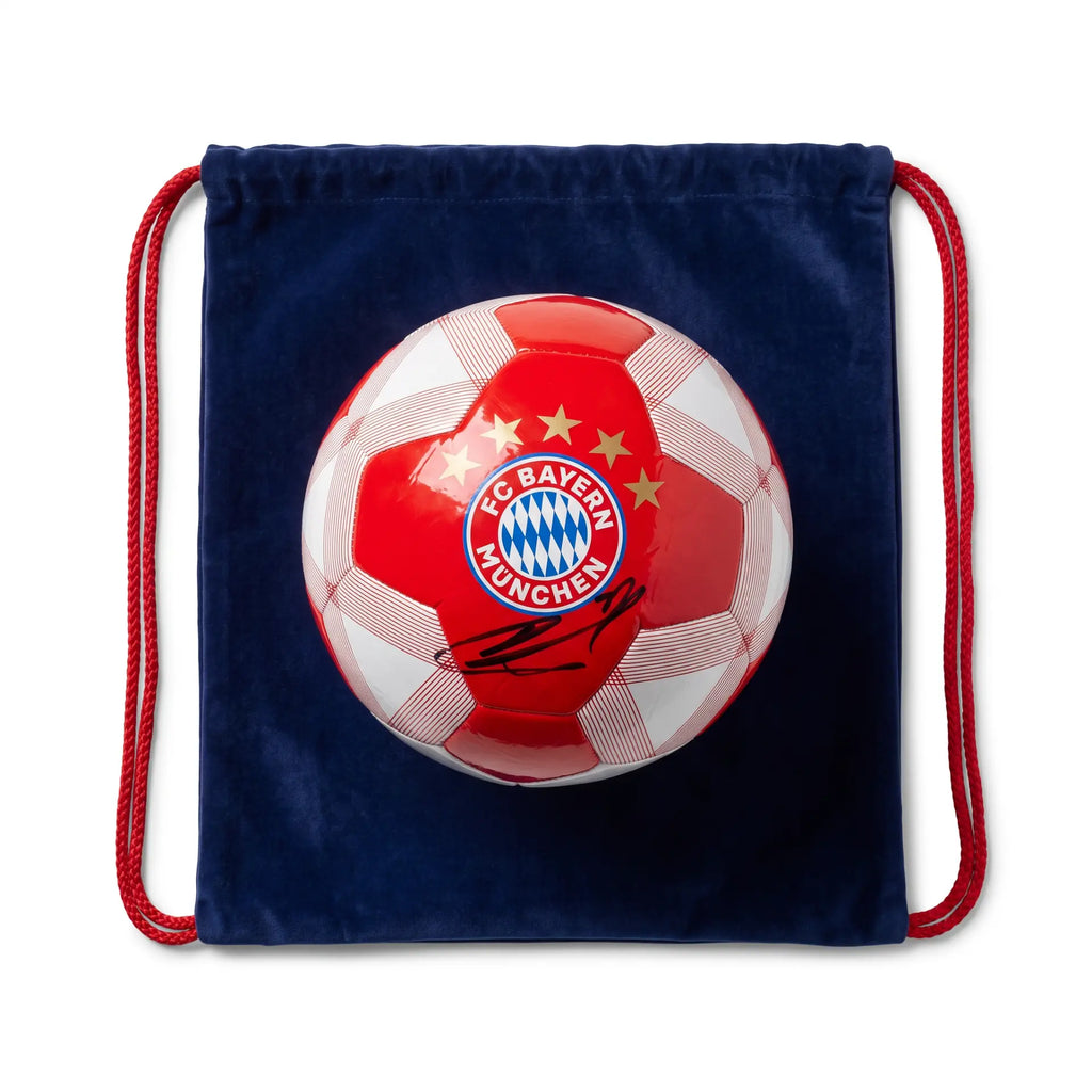 Signed Bayern Munich football with navy drawstring dust bag