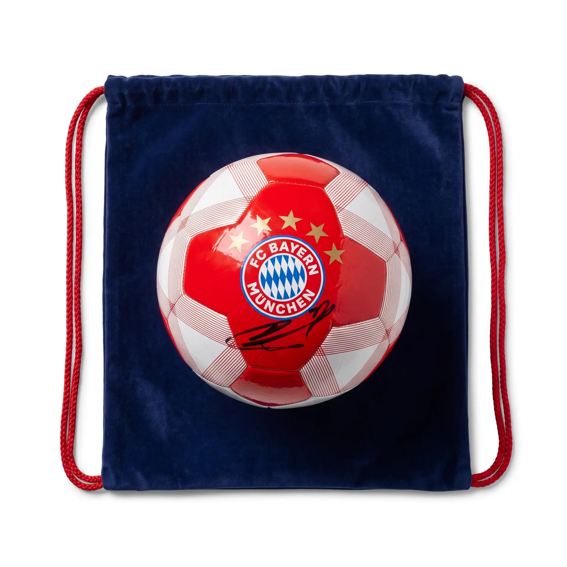 Signed Bayern Munich football with navy drawstring dust bag