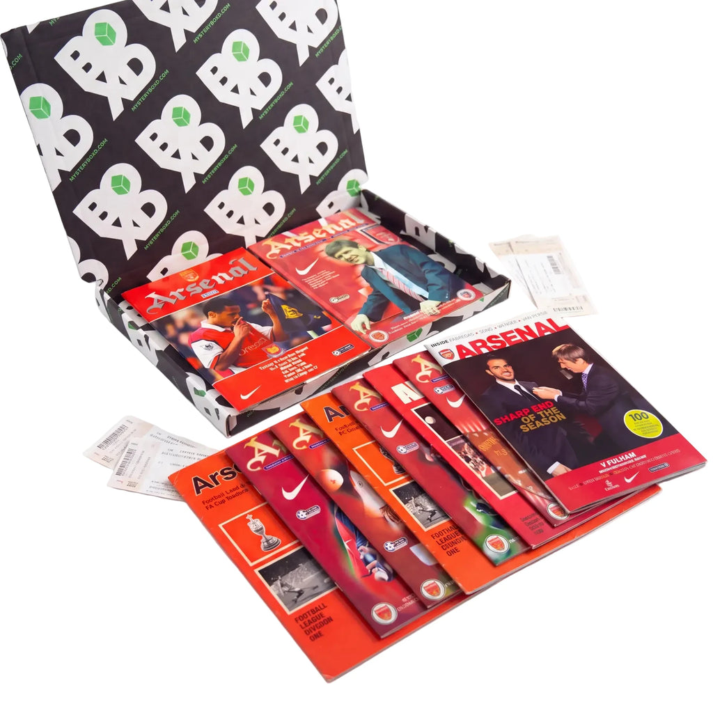 Arsenal Retro Programmes Mystery Gift Box packaging open with programmes