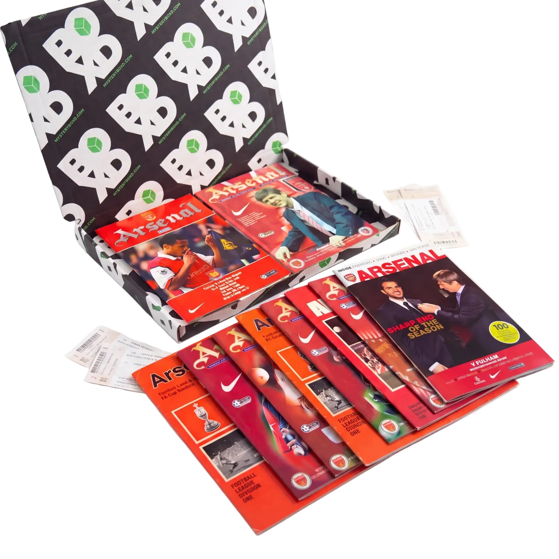 Arsenal Retro Programmes Mystery Gift Box packaging open with programmes